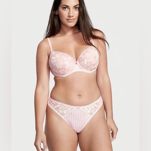Victoria's Secret Body By Victoria Smooth & Lace Thong Panty Pink Stripe L NEW - Picture 4 of 8